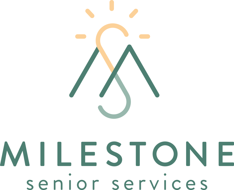 Logo displaying a stylized mountain and sun with the text "Milestone Senior Services" below.