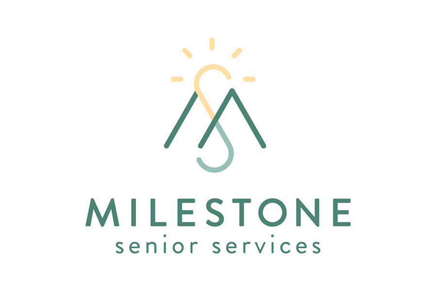 Logo with two green mountains, a yellow sun above, and text: "Milestone senior services" below.